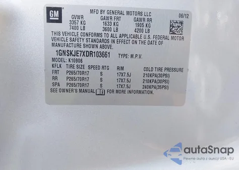 2013 Chevrolet Suburban 1500 Lt from USA, damaged, VIN 1GNSKJE7XDR103661